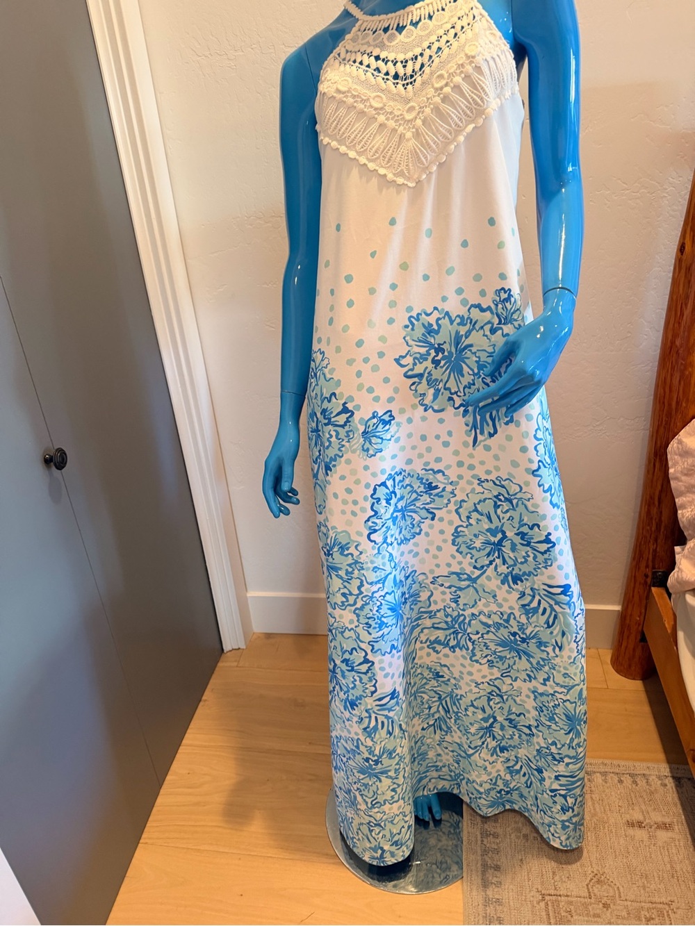 Lilly Pulitzer White Halter Maxi Dress with Blue Floral Print - Picture 6 of 7